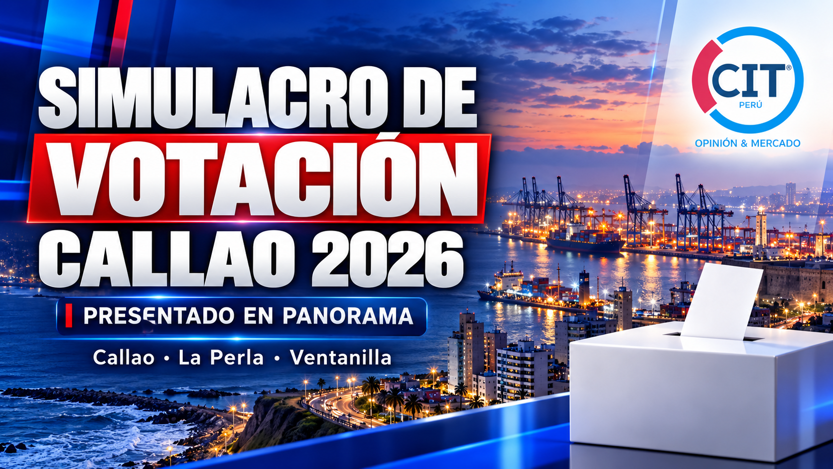 Portada del simulacro de votación Callao 2026, presentado en Panorama por CIT Opinión & Mercado